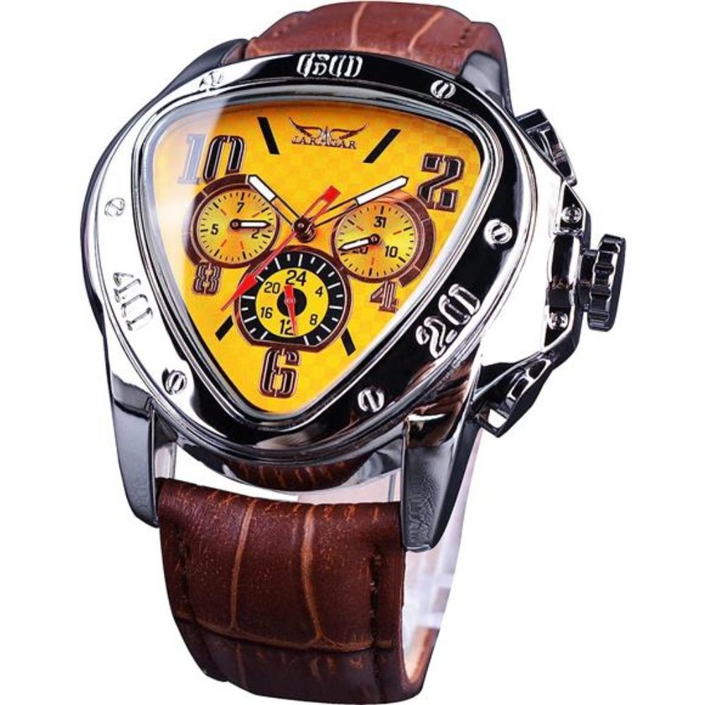 Fashion Mechanical Wrist Watch Triangle Racing Dial, Skeleton Dial, Yellow